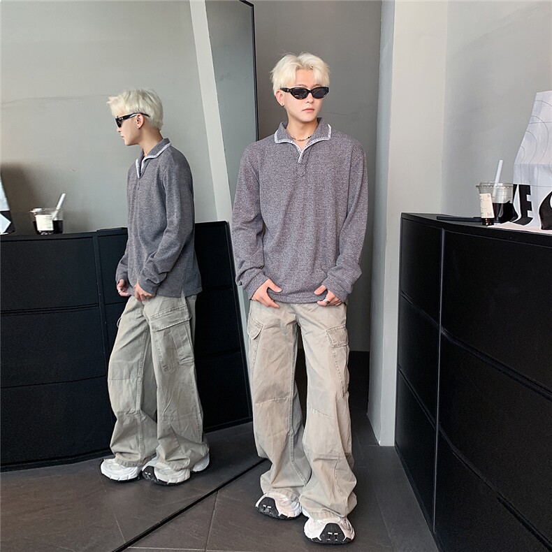 原版品质面料麦穗V领POLO衫男长袖秋冬宽松老钱风打底衫W309-P38,男装Polo衫,电商C307