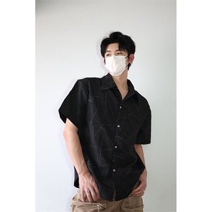 夏季新款短袖衬衫小众解构肌理感黑色裂纹韩版花衬衫打底T恤P50图片