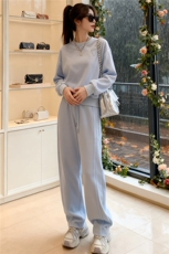 欧系高端气质休闲运动套装女秋季新款圆领刺绣卫衣阔腿卫裤两件套，女装套装/套裙，江南