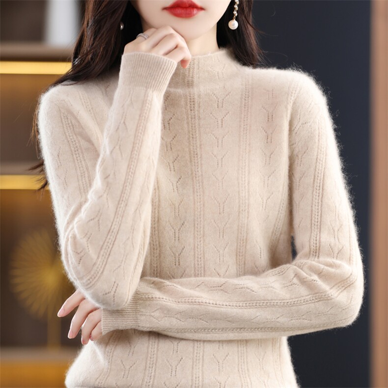 24秋冬新款100%羊毛衫女半高领抽条宽松慵懒毛衣羊绒衫针织打底衫,女装羊毛衫,琳华羊绒