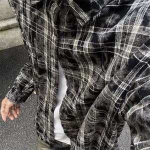 2025春季新款衬衫男女长袖蜡染格子街头潮流宽松翻领衬衣毛边个性图片