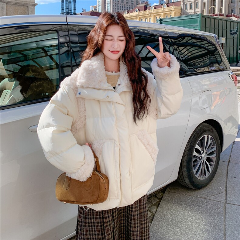白色羊羔毛拼接羽绒服女2025冬季新款中长款加厚保暖外套小个子,女装羽绒服,2C259