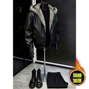 现货冬季美式潮牌痞帅PU皮机车服棉衣毛毛绒狼王座山雕皮棉服图片