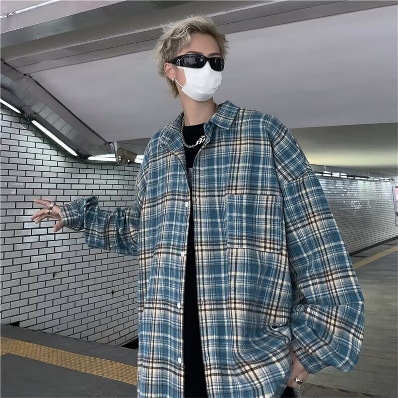 美式复古格子衬衫男女cleanfit痞帅宽松休闲长袖衬衣C7998-p45,男装衬衫,星座1008-2