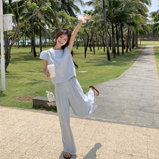 今年流行时尚套装女夏季新款设计感轻薄上衣阔腿裤休闲气质两件套，女装套装/套裙，慧尚2-185