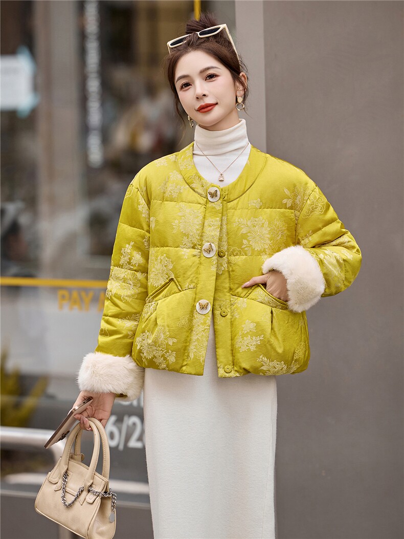 新中式90提花羽绒服2025年冬季新款高级感优雅气质白鸭外套,女装羽绒服,玖莱伊