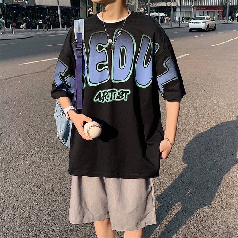 得物抖音40支双纱高品质印花半袖纯棉休闲短袖T恤男女T7222-P40,男装T恤,电商A441-1