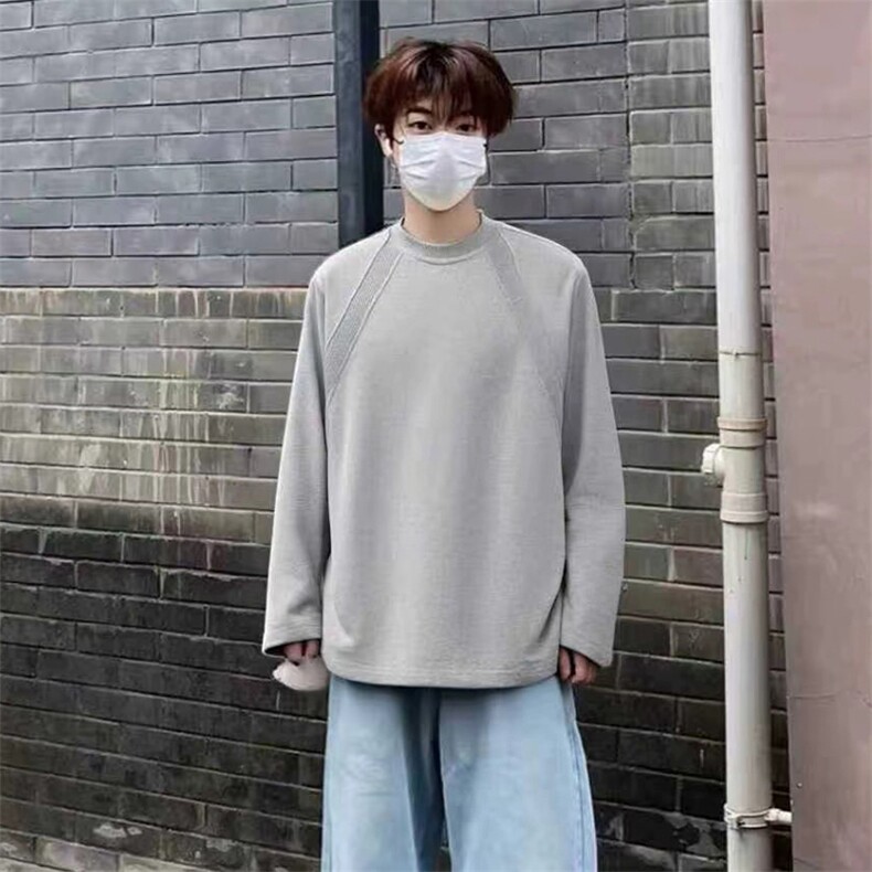 抖音得物品质26春装美式高街曼巴棉螺纹拼接卫衣圆领长袖T恤YT164,男装T恤,电商A486-1