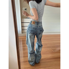 美式复古宽松设计感破洞宽松阔腿水洗牛仔长裤女NZ18-P55，男装牛仔裤，星座308B-2