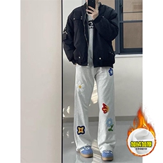 抖音得物高品质秋冬季重磅花卉刺绣潮流运动宽松加绒直筒休闲卫裤，男装休闲裤，电商A486
