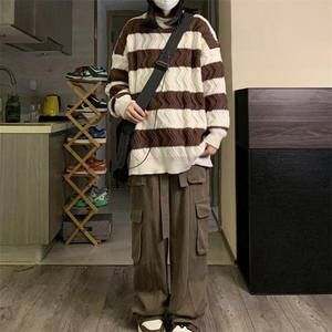 中性风！条纹毛衣男士加厚麻花线衣男针织衫女XH03-P60图片
