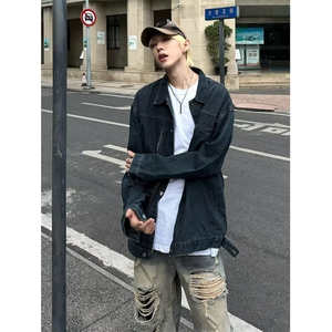 港风秋款男牛仔夹克衫拉链口袋宽松休闲外套JK0058 P73图片