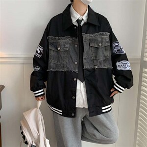 春秋季新款情侣vintage外套牛仔拼接刺绣棒球服夹克男 W5581-P62图片