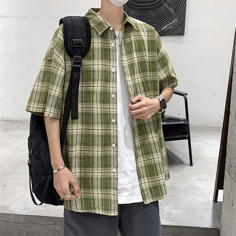 21年夏季短袖衬衫男宽松落肩港风格子衬衫男DS-C407-CS309-P35,男装衬衫,电商C323-1