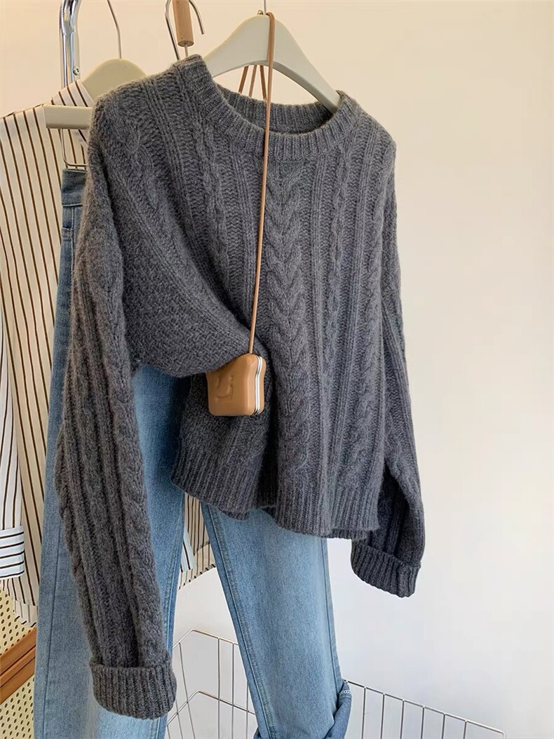 25秋冬100%纯羊毛衫女圆领扭花加厚针织毛衣宽松慵懒风打底羊绒衫，女装针织衫/毛衣，思途羊绒