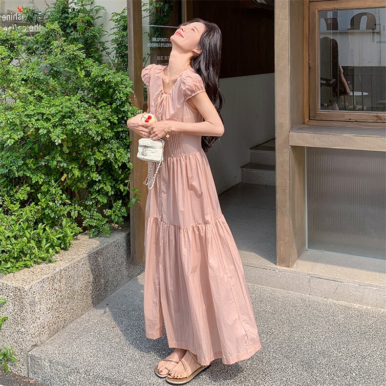 系带粉色连衣裙女夏2025新款法式温柔风爆款流行巨好看韩系长裙,女装连衣裙,2C037