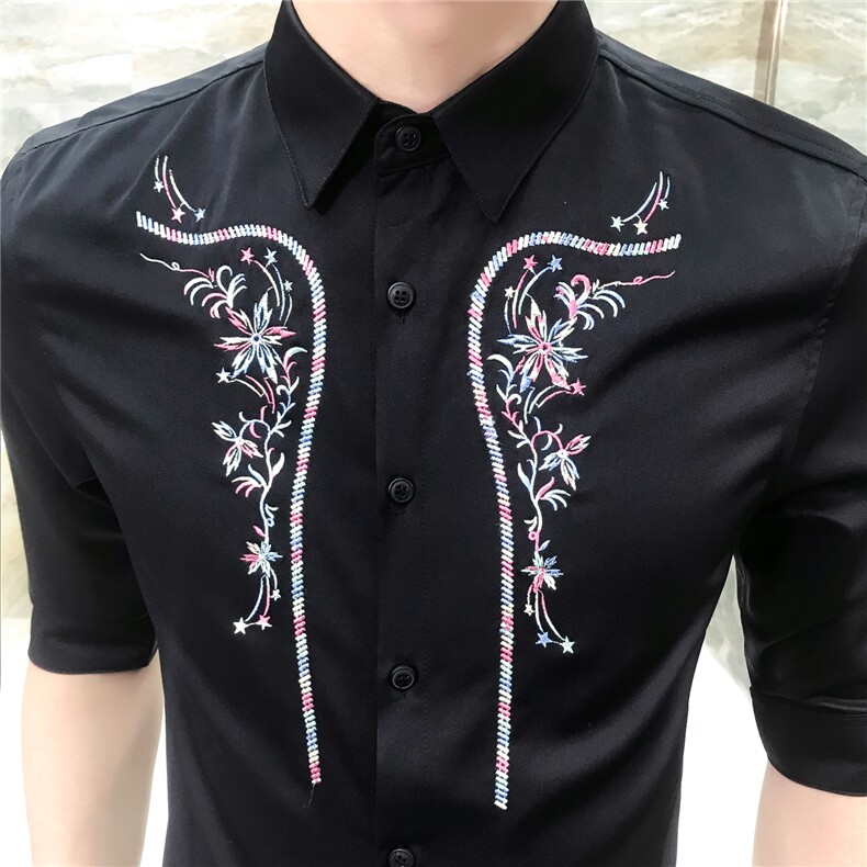 18夏男韩版修身衬衫发型师七分袖工作服刺绣个性中袖衬衫S03-P55,男装衬衫,星座419（原A233）