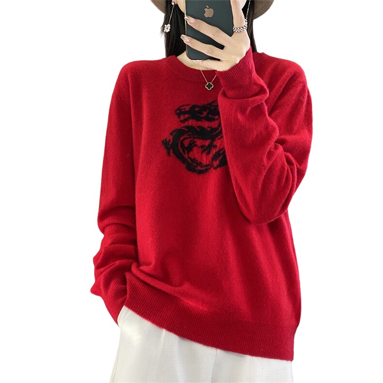 时尚潮流通勤常规2024年秋冬季新款圆形龙图案羊毛圆领羊毛衫,女装羊毛衫,丽特绒
