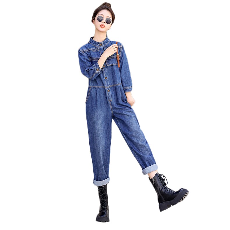 时尚显瘦牛仔连体裤女宽松高腰长袖休闲工装裤百搭气质外套春装新款，女装连体裤，秋水欣儿