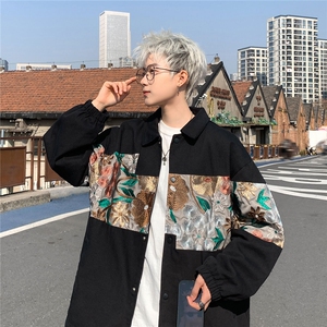 港风休闲宽松刺绣外套男潮拼接翻领工装夹克男7568P85控118图片