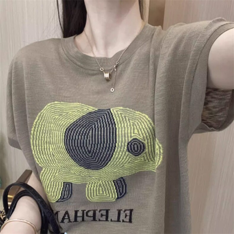 2025新款夏季薄款冰丝针织短袖女设计感洋气字母印花T恤百搭上衣,女装T恤,奢优羊绒