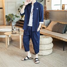 2021夏季中国风男装棉麻七分袖衬衫大码刺绣休闲裤套装TZ073/P100，男装套装，电商A008