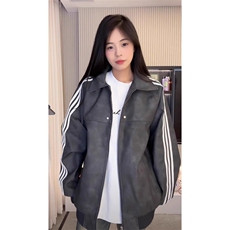 美式复古三条杠扎染拼色皮衣男女同款宽松休闲百搭pu皮夹克上衣潮，男装皮衣，星座506A