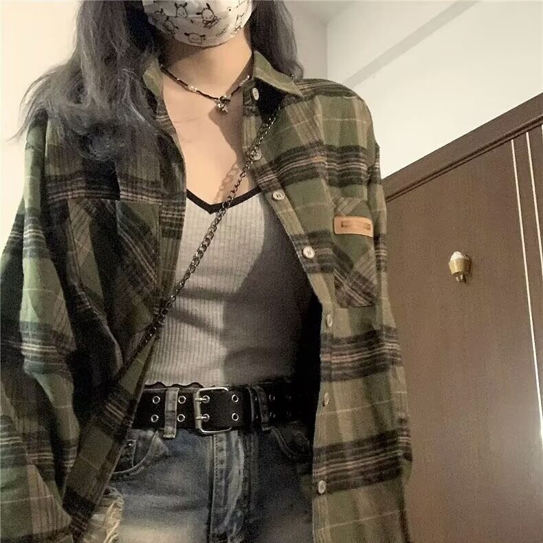 复古港风格子衬衫女设计感宽松长袖衬衣防晒外套上衣LC2566-p32,男装衬衫,星座1008