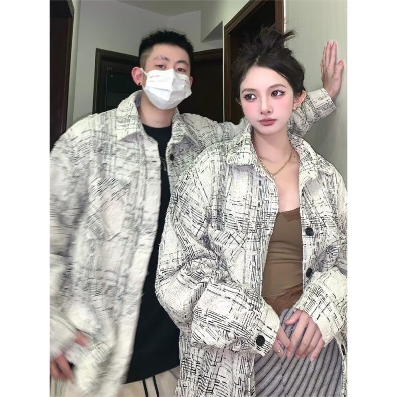661复古小香风衬衣宽松格子外套男女同款格纹长袖衬衫情侣潮,男装衬衫,星座308A-1（原309B-1）