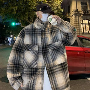 美式复古毛呢男女宽松格纹加毛翻领外套XZ225-3-MF03-P138控178图片