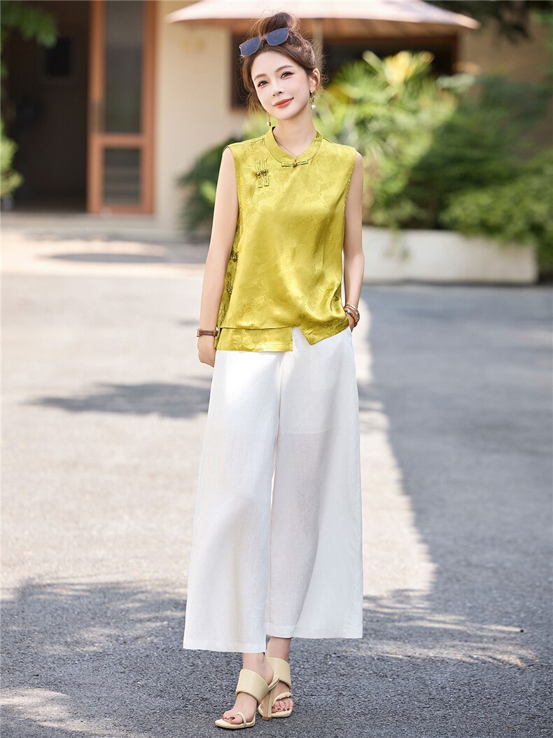 新中式无袖套装女夏季2025新款高端刺绣上衣天丝亚麻阔腿裤两件套,女装套装/套裙,丽影随形