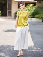 新中式无袖套装女夏季2025新款高端刺绣上衣天丝亚麻阔腿裤两件套，女装套装/套裙，丽影随形