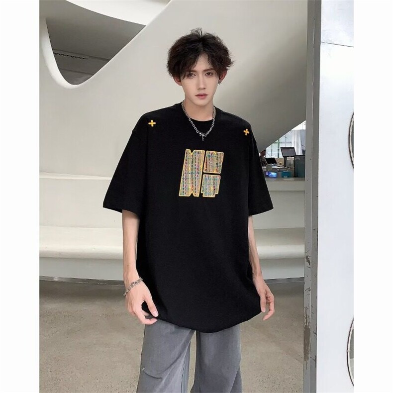 藏青色刺绣情侣款短袖T恤男女春夏季美式复古半袖上衣ST563-P35图片