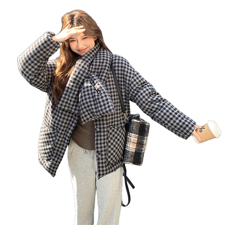黑白格纹可脱卸围脖中长款羽绒服2C291-YRF186-P295-K499,女装羽绒服,2C291