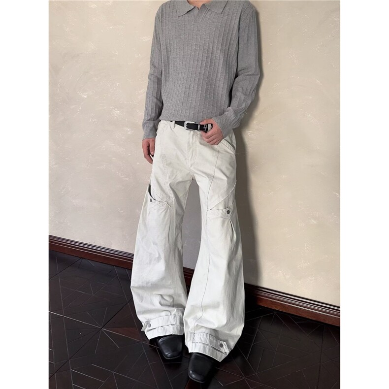 得物品质秋款男女工装裤大口袋褶皱织带宽松弯刀长裤H3505P58,男装工装外套,星座1013-1