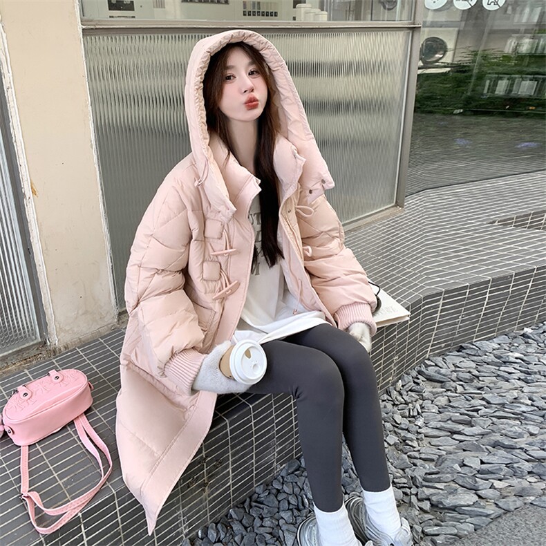 粉色牛角扣羽绒服女2025冬季新款中长款连帽加厚减龄学院风面包服,女装羽绒服,2C205