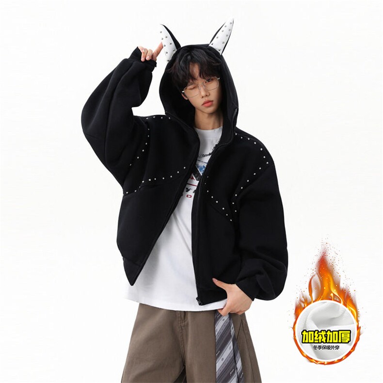 480G重磅加绒硬挺boxy男女美式高街卫衣铆钉杜宾犬耳朵开衫厚外套，女装短外套，电商A486-1