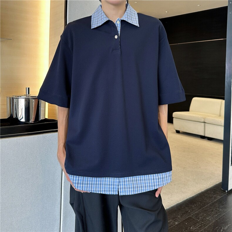 藏青色假两件短袖男款夏季潮牌衬衫拼接t恤重磅美式学院风polo衫，男装Polo衫，四季星座505