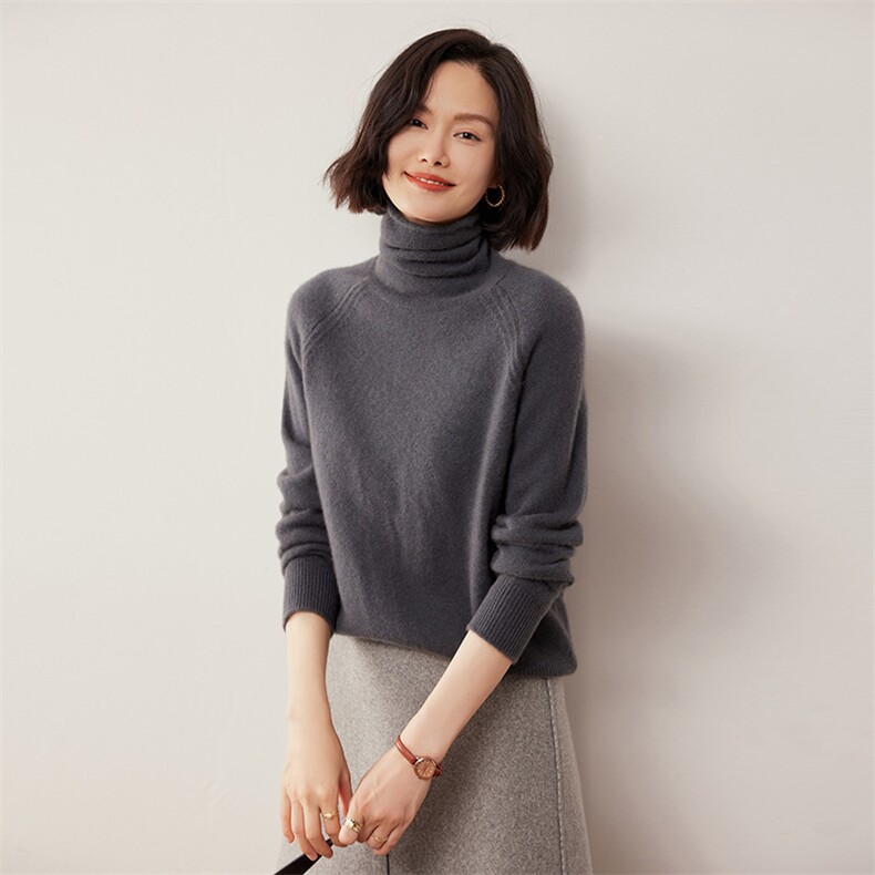 女秋冬新款宽松长袖堆堆领打底针织衫短款35%羊绒衫厚,女装羊绒衫,缇曼羊绒