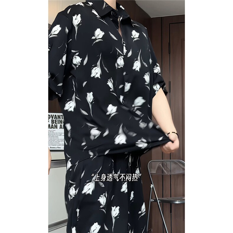 短袖衬衫男+短裤男潮流休闲套装男M-5XL大码TZ78712P50控98模特图图片