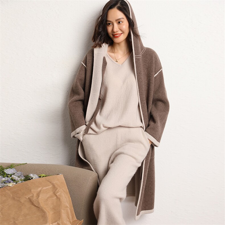 2024年秋季时尚气质双面提花连帽羊绒大衣系带款，女装羊绒大衣，五色羊羊绒