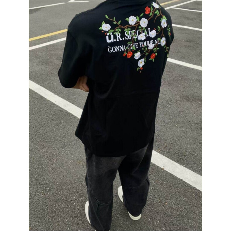 纯棉刺绣花朵T恤男女短袖BT002-P33图片