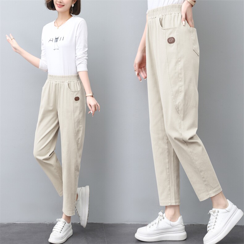 2025夏季新款卡其色休闲裤女时尚宽松显瘦百搭松紧腰裤子,女装休闲裤,璐依舞
