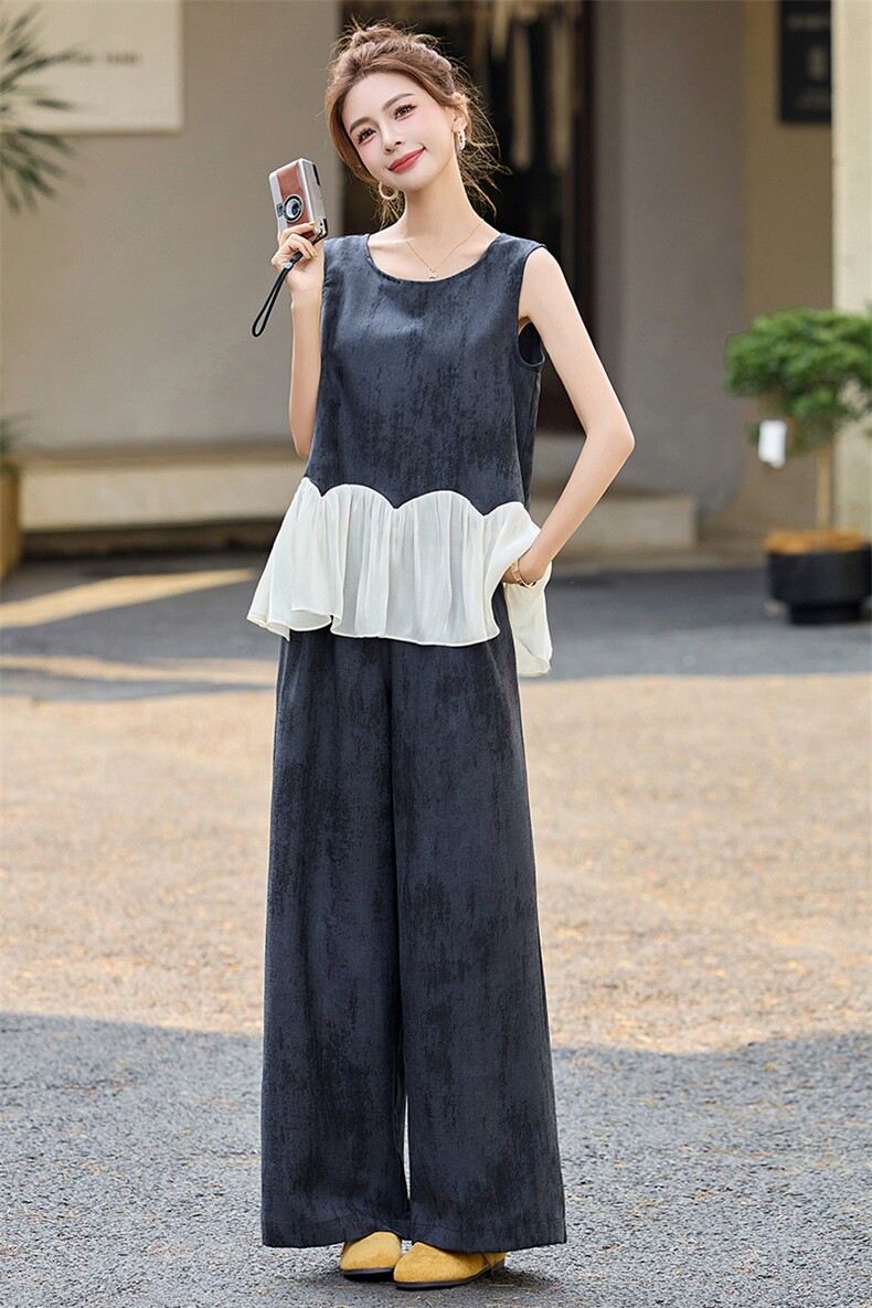 小香风套装女2025夏新款韩系高级松弛感减龄老钱风无袖阔腿裤穿搭,女装套装/套裙,冬木谷雨