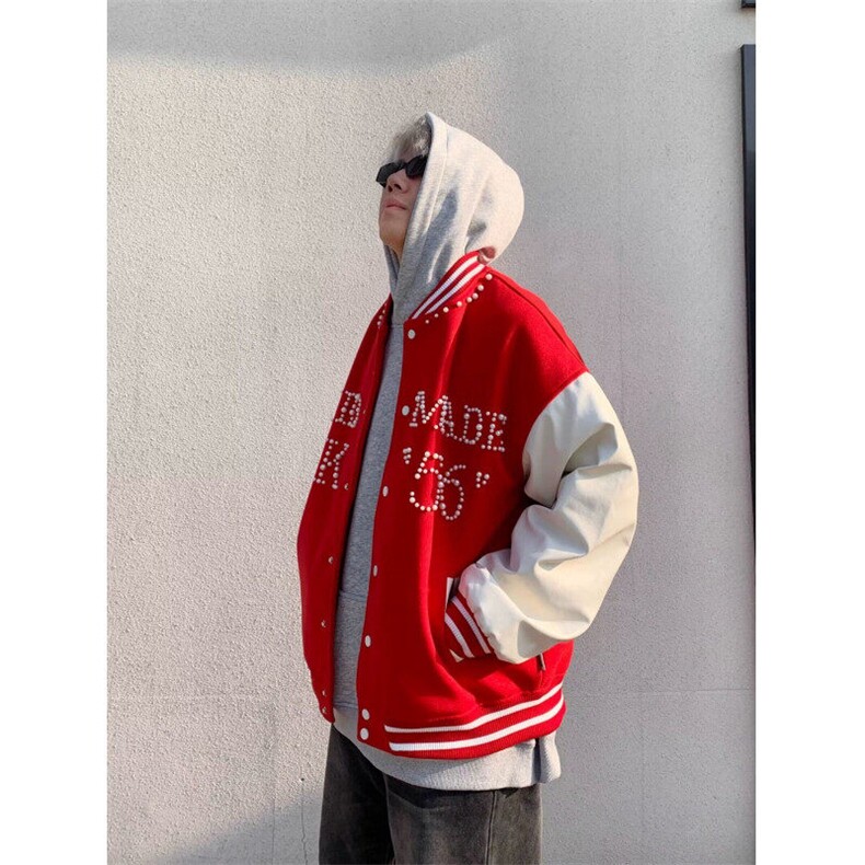 美式潮牌钉珠棒球服毛呢外套男女春秋季情侣宽松夹克  JV751图片