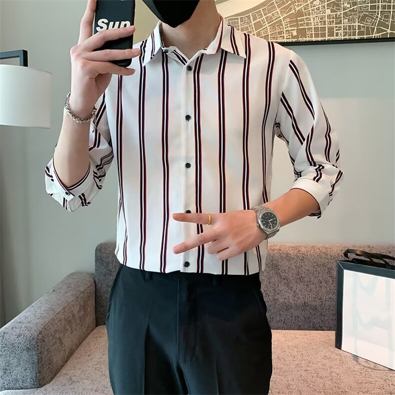百搭衬衫标准简约ins条纹春季潮男原宿新款七分袖潮流C156-1,男装衬衫,星座1116A-2（原606A-1）