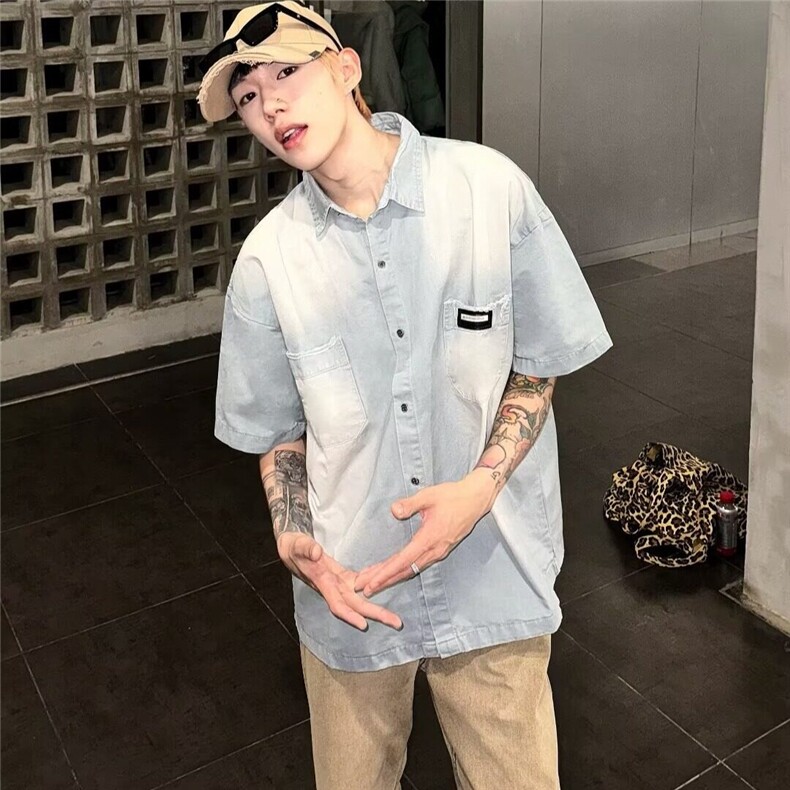 夏季新款日系复古学院风纯色工装半袖衬衫上衣潮牌,男装T恤,星座410-7