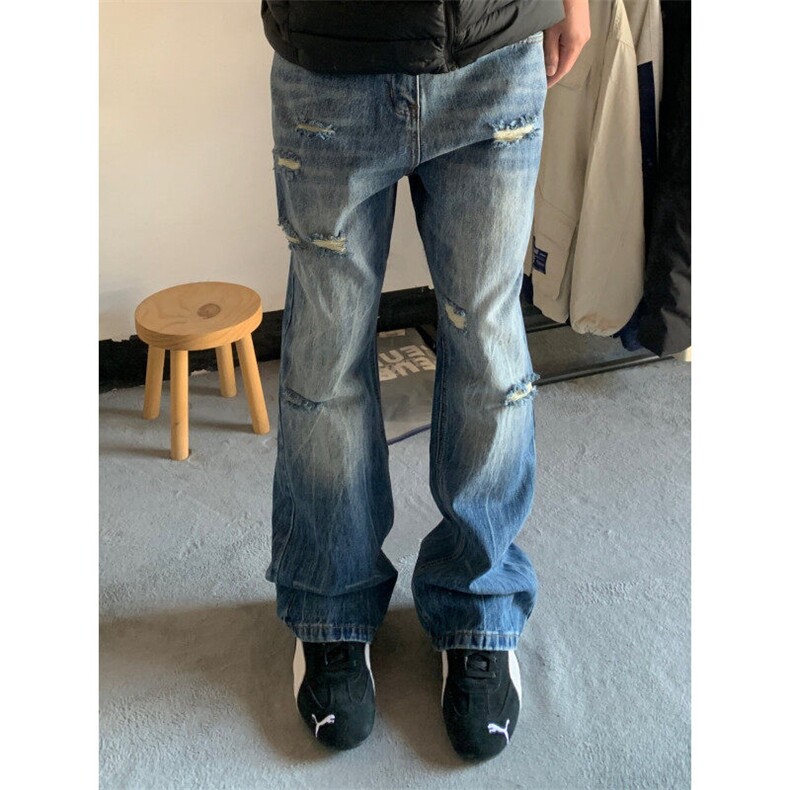 G3153HH-特P48闪电纹破洞牛仔裤美式高街cleanfit裤子直筒微喇裤,男装牛仔裤,星座1007（原301D）