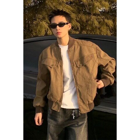 美拉德棕色短款工装外套男春秋水洗棒球服美式复古哈灵顿夹克，男装夹克，星座1210-1