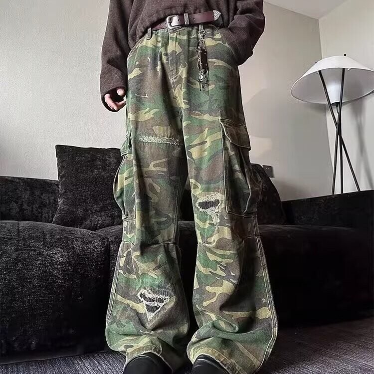 设计感迷彩牛仔裤女裤子微喇显瘦宽松直筒裤高街美式阔腿长裤，男装牛仔裤，星座506A